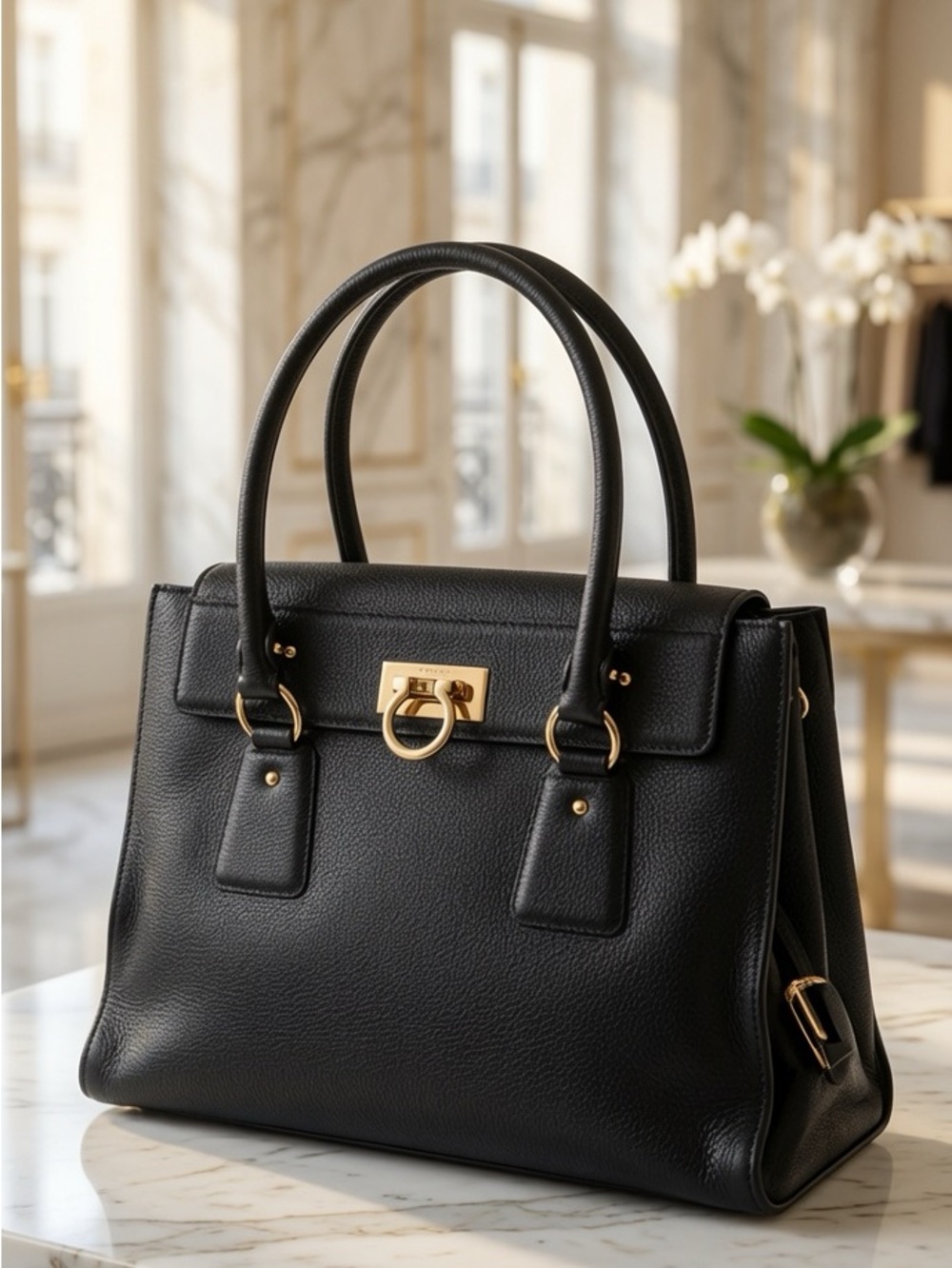Salvatore Ferragamo Black Leather Satchel Handbag with Gold Hardware